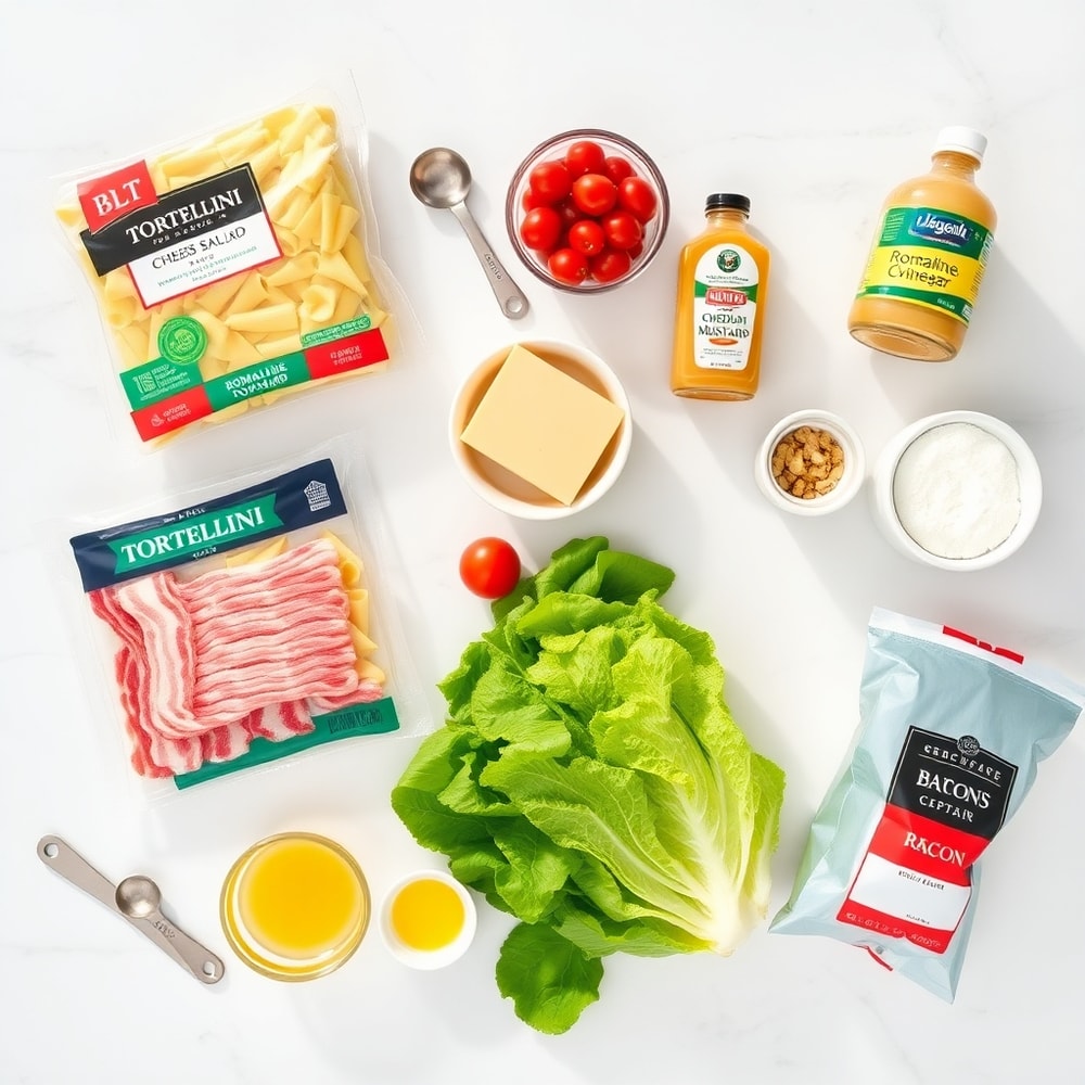 BLT tortellini pasta salad ingredients: tortellini, bacon, lettuce, tomatoes, cheese, mayo, vinegar