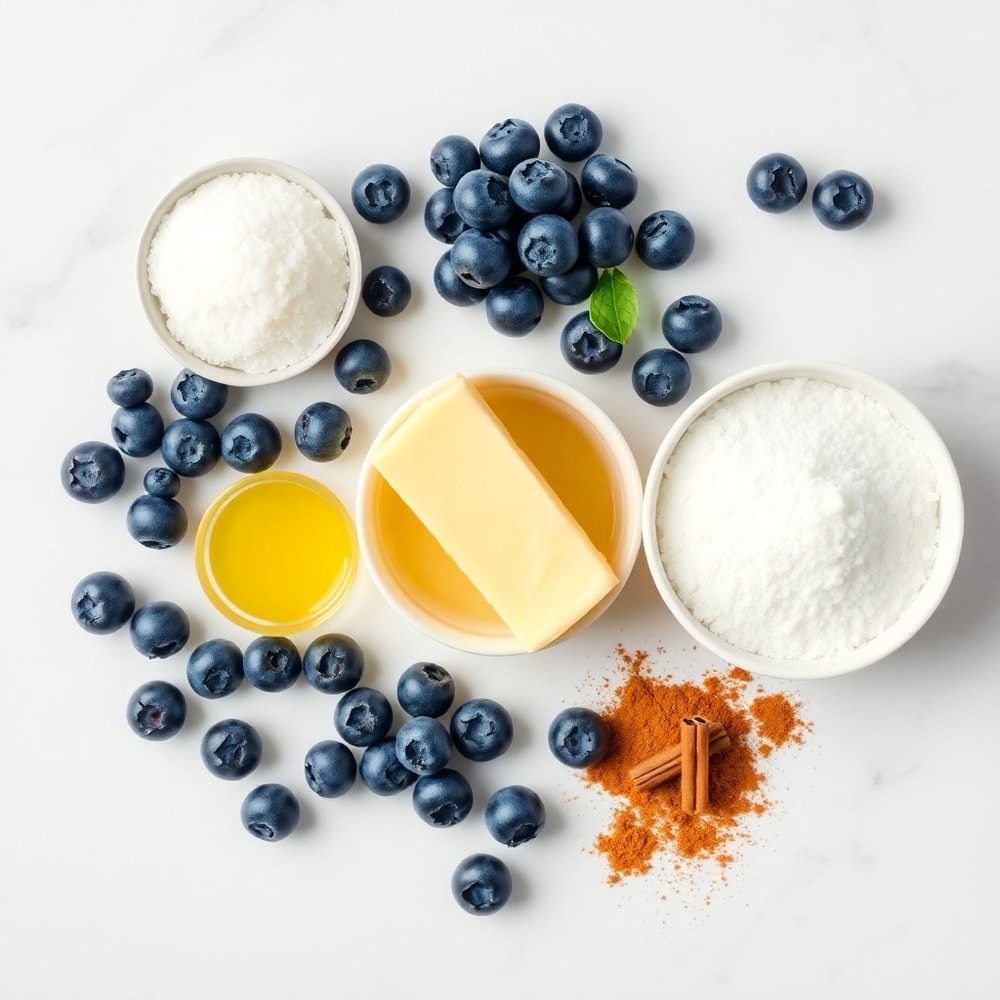 Blueberries, butter, sugar, lemon juice, and cinnamon on a wooden surface