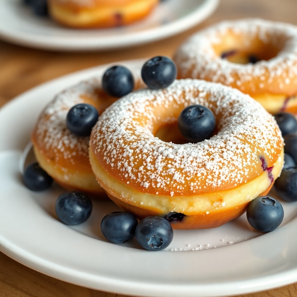 A single blueberry cake donut on a white plate with powdered sugar and a blueberry on top