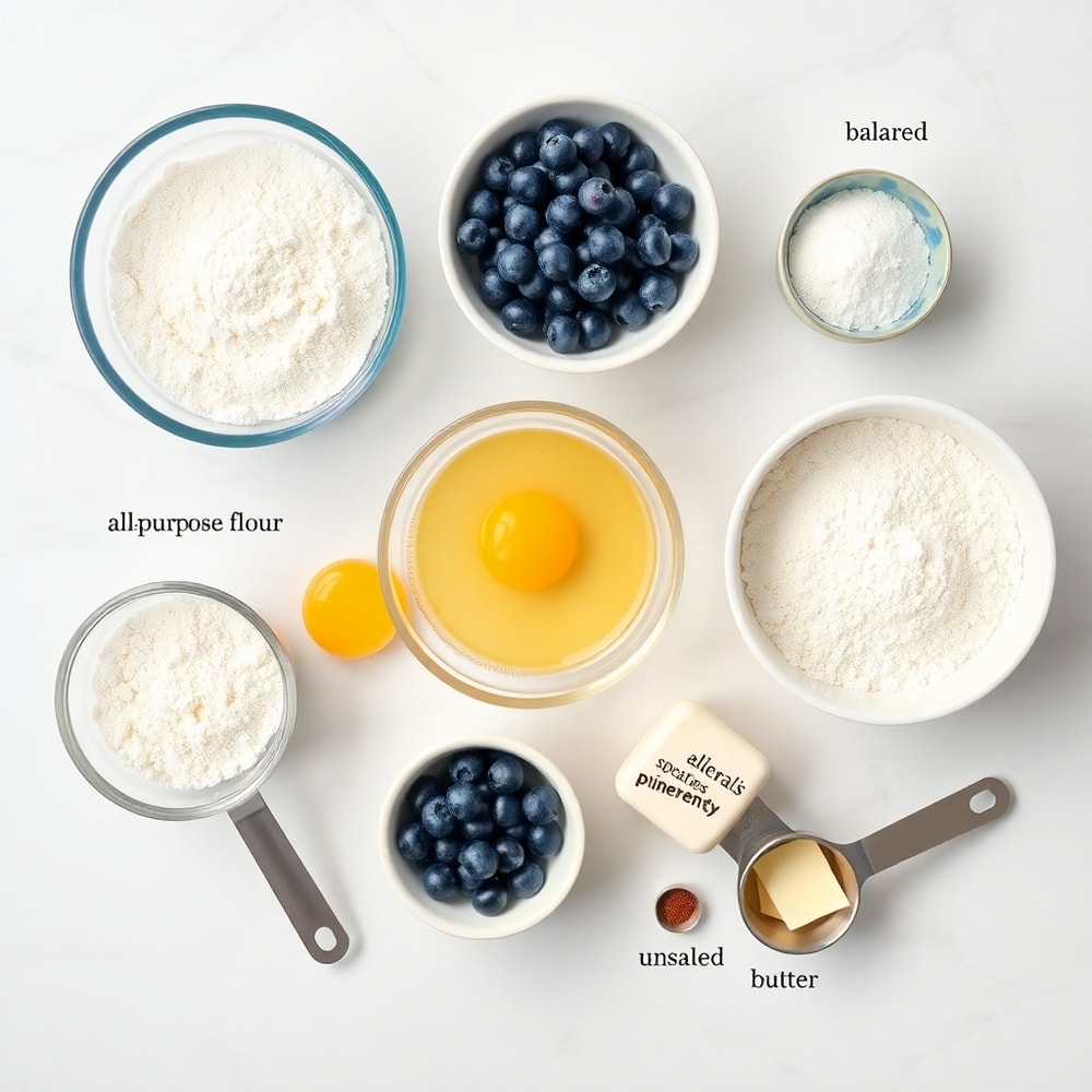 Blueberries, flour, sugar, and other ingredients for blueberry cake donuts arranged on a white marble surface