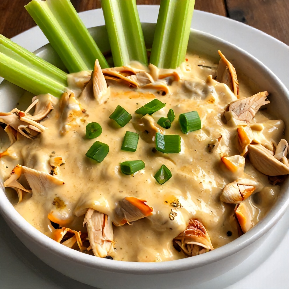 Buffalo Chicken Dip served in a bowl with celery sticks