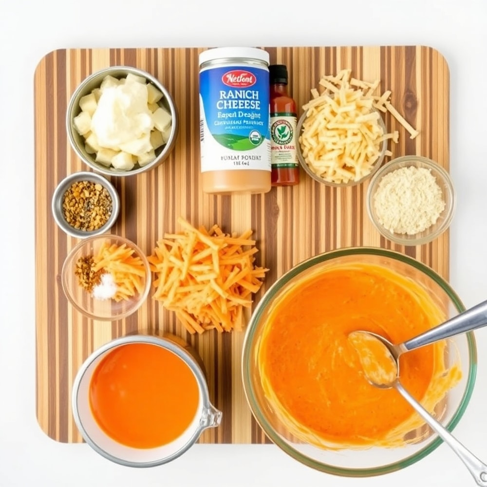 Buffalo Chicken Dip ingredients laid out on a wooden board