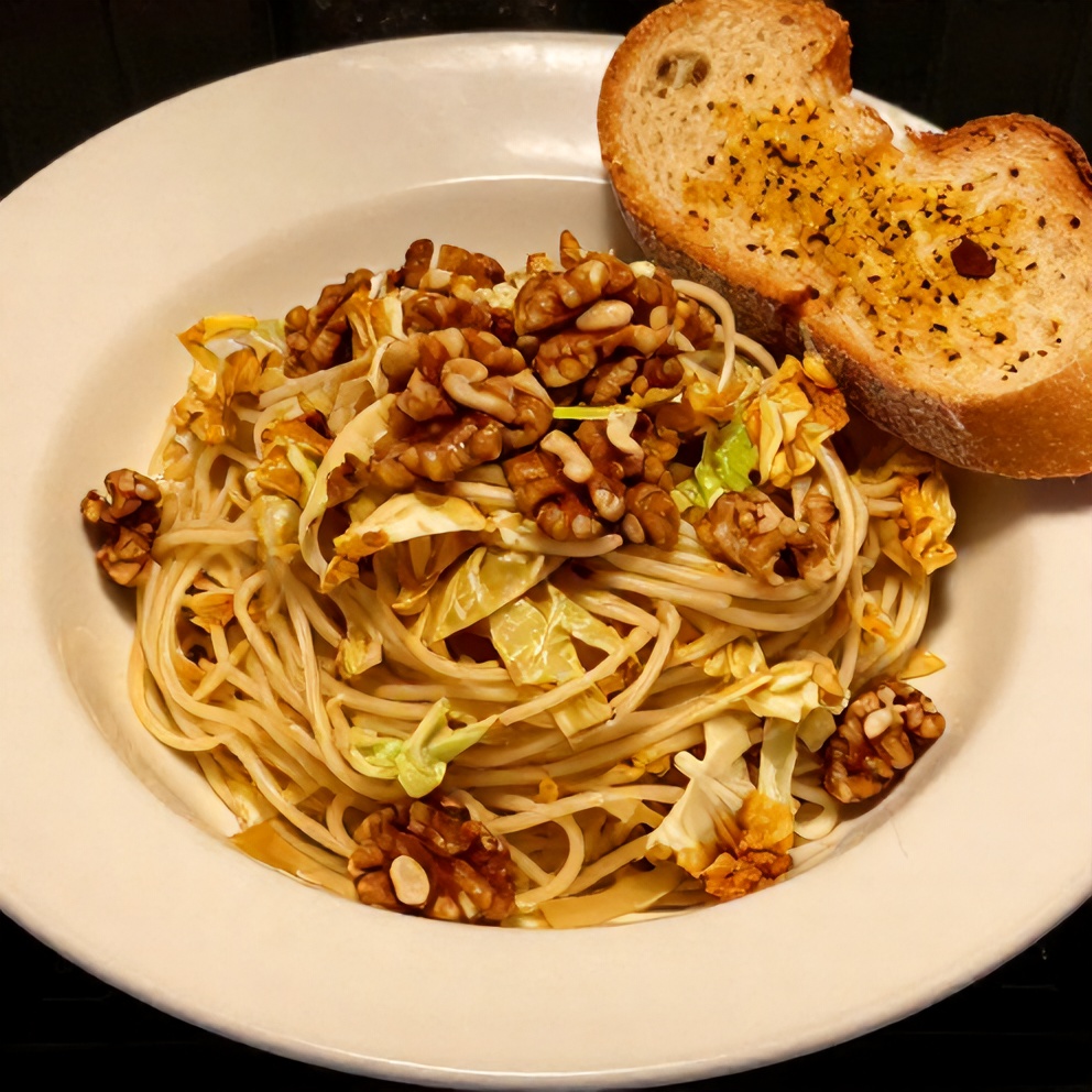 Plated Cabbage Walnut Pasta with garlic bread