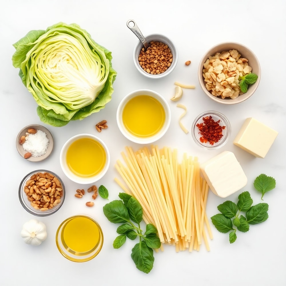 Raw ingredients for Cabbage Walnut Pasta laid out