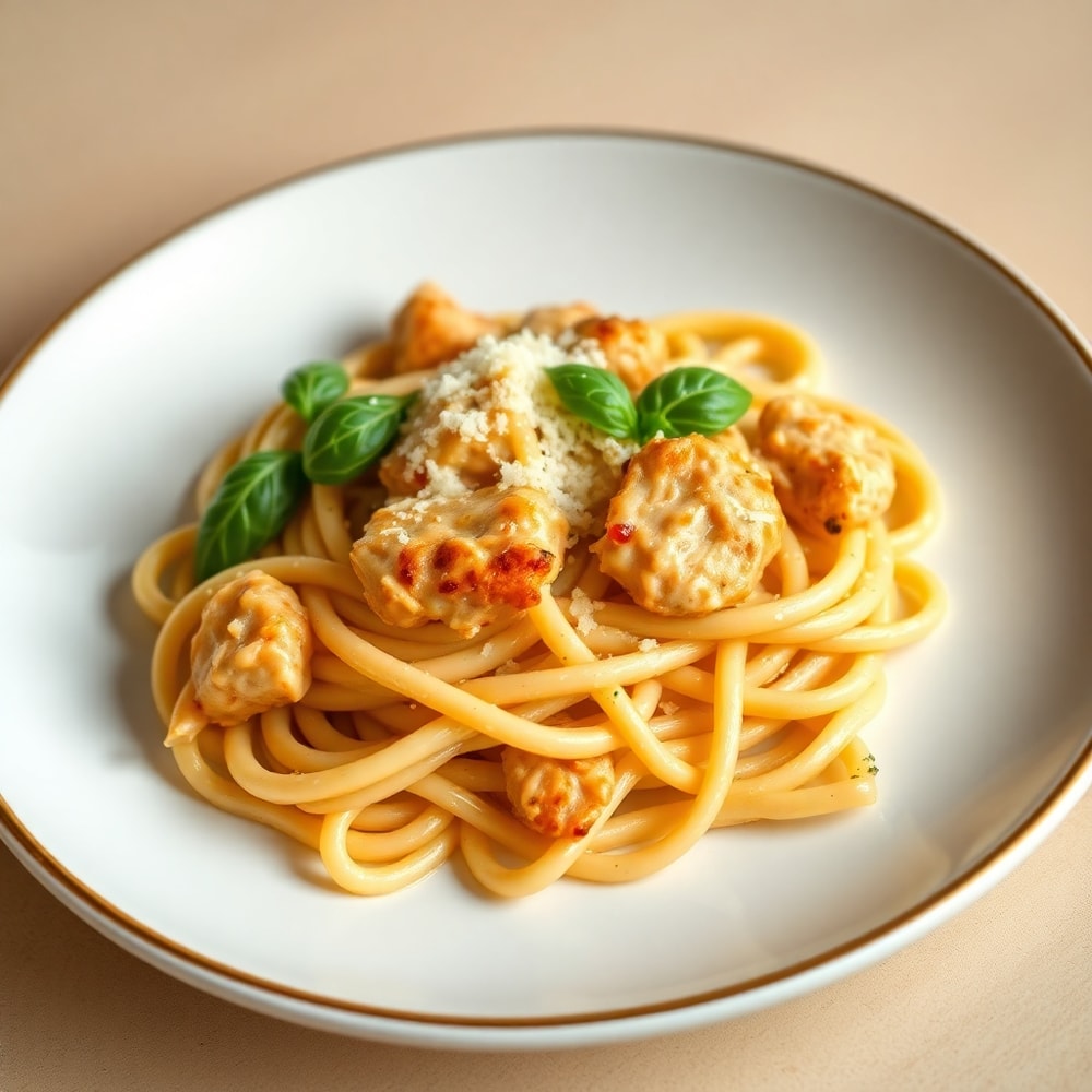 Plated serving of Cheesy Chicken and Sausage Pasta