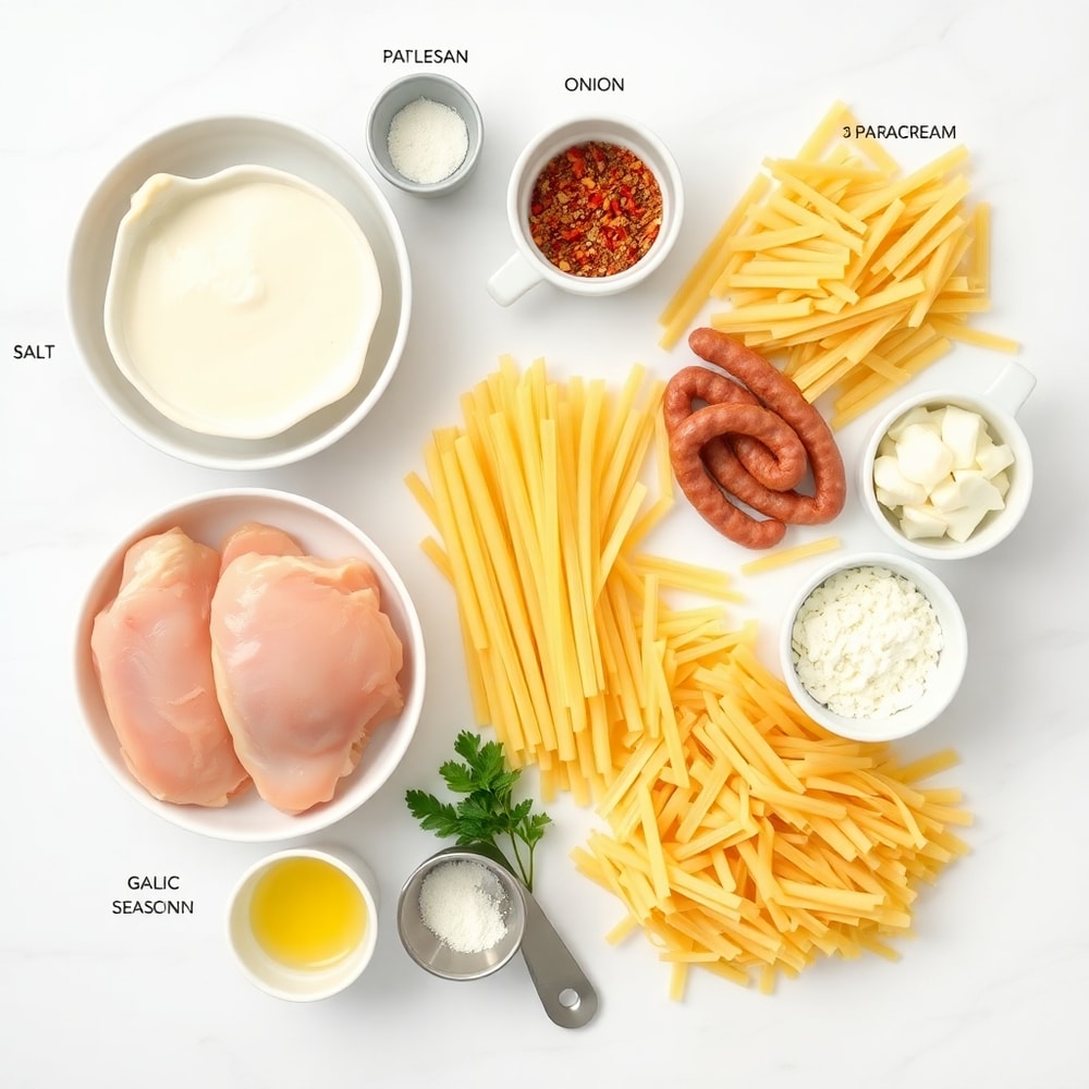 Raw ingredients for Cheesy Chicken and Sausage Pasta