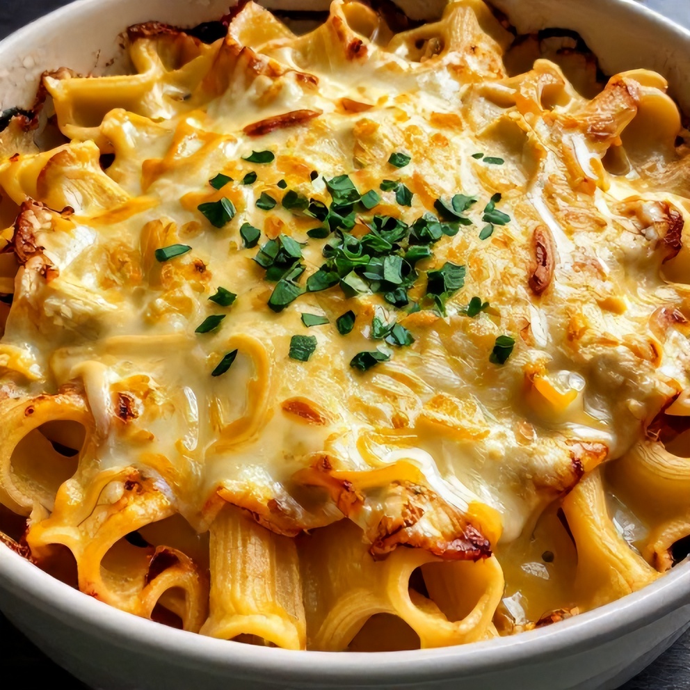 Cheesy White Cheddar Mozzarella Pasta Bake Served