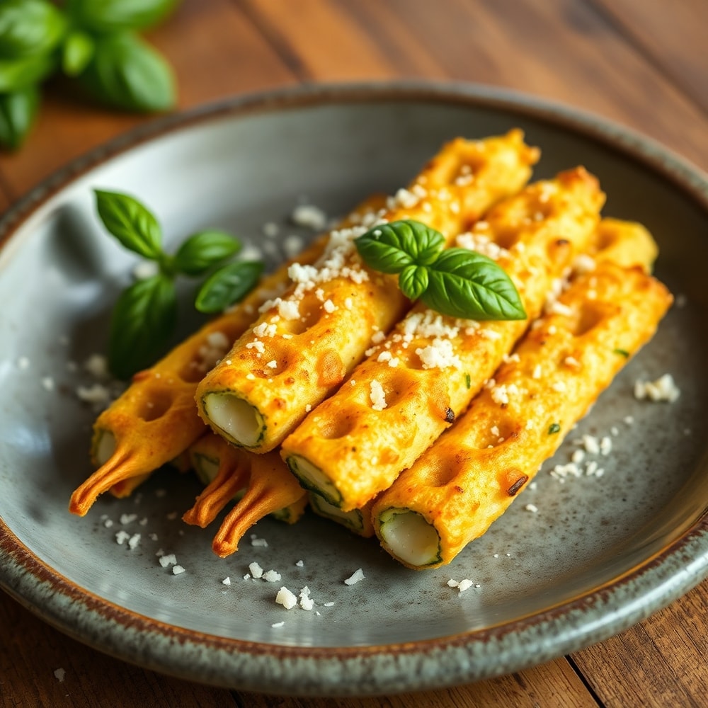 Plated cheesy zucchini breadsticks on a rustic plate