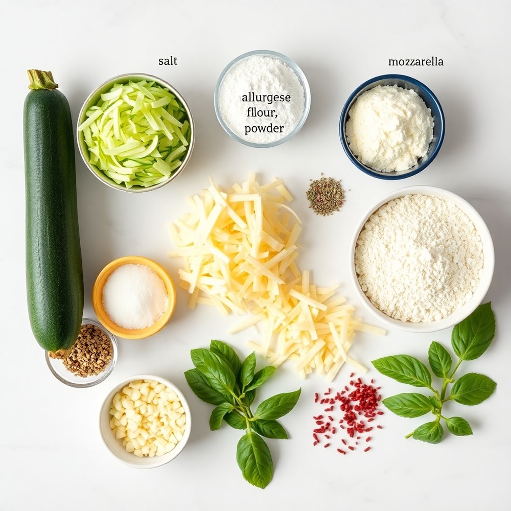 Raw ingredients for cheesy zucchini breadsticks on a marble surface