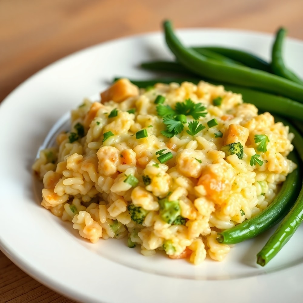 A plated serving of Chicken Broccoli Rice Casserole, garnished with chopped fresh parsley, on a white dinner plate, with a side of steamed green beans.