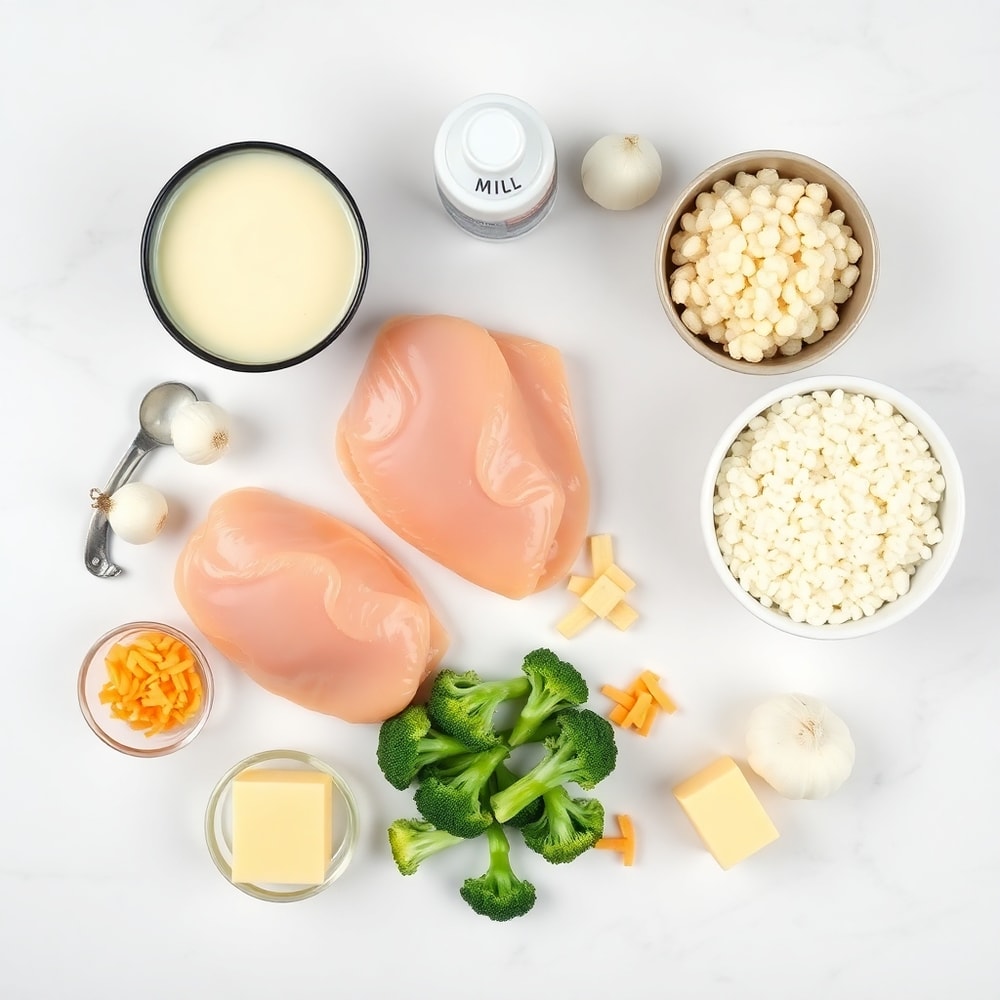 Overhead flat lay of chicken breasts, broccoli florets, rice, cream of chicken soup, milk, cheddar cheese, onion, garlic, salt, pepper, and butter, arranged on a white marble surface.