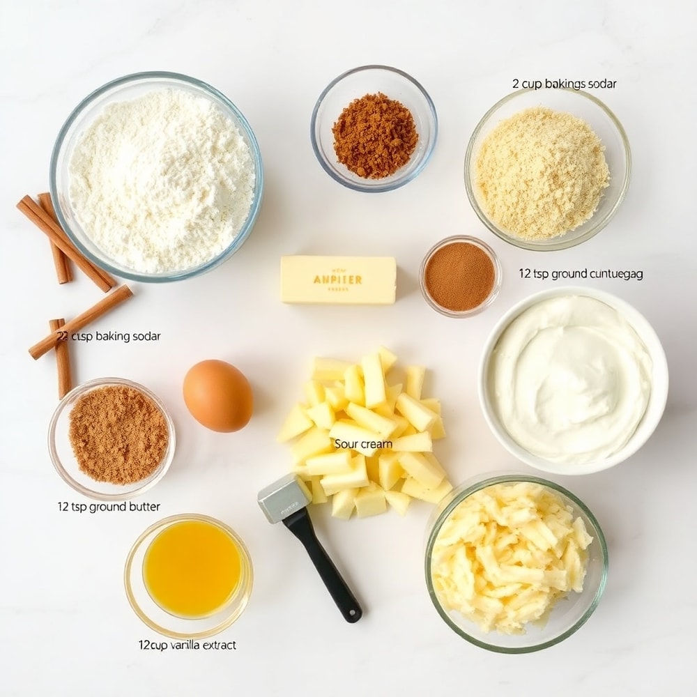 Raw ingredients for Cinnamon Apple Bread including apples, flour, cinnamon, and sugar