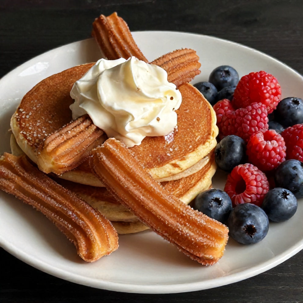Stack of cinnamon sugar churro pancakes with whipped cream and a side of fresh berries