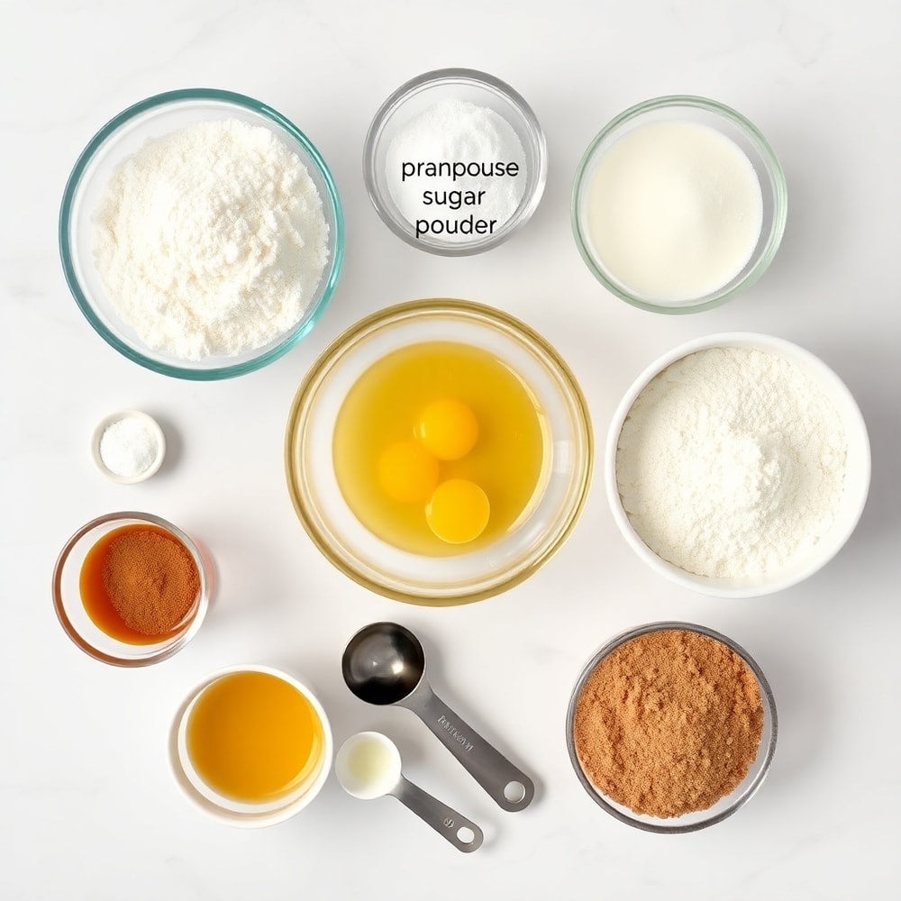 Raw ingredients for cinnamon sugar churro pancakes on a marble surface