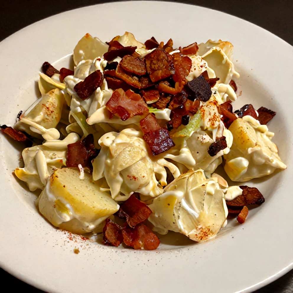 Plated classic potato salad with crispy bacon