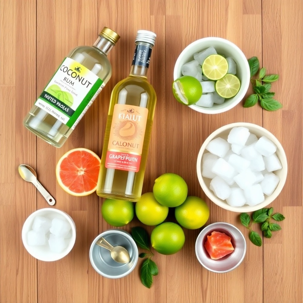 Ingredients for Coconut Paloma laid out on a wooden surface