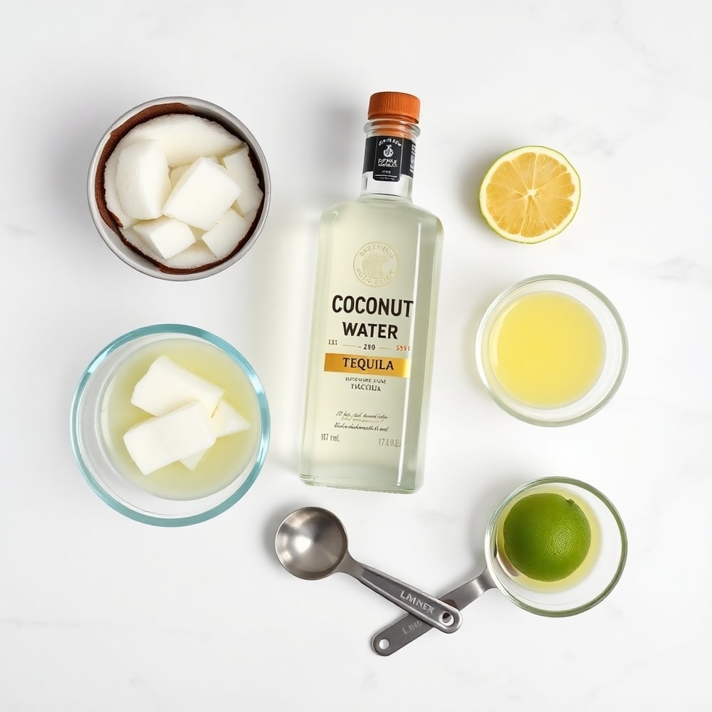 Coconut water, tequila, and lime juice on a wooden surface