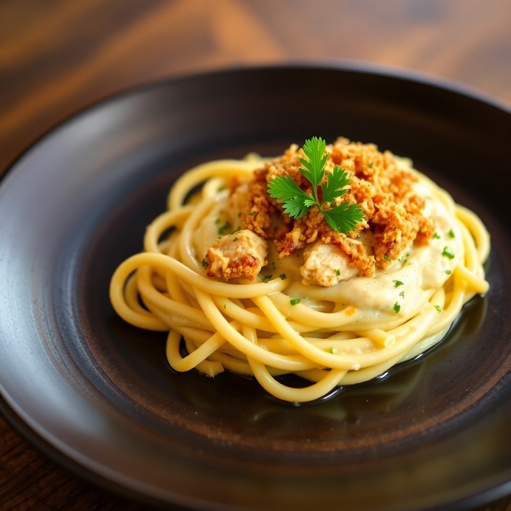 Plated serving of Crack Chicken Pasta with fresh parsley garnish