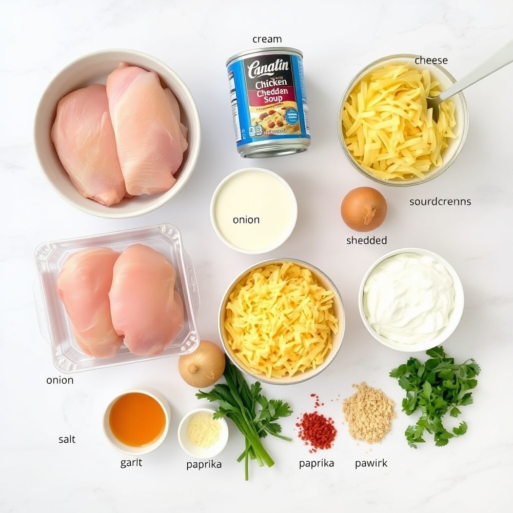 Raw ingredients for Crack Chicken Pasta laid out on a marble surface
