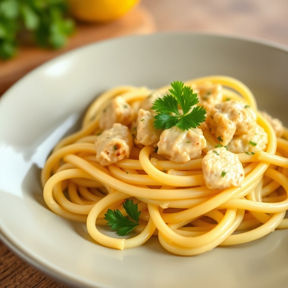 Plated Lemon Chicken Pasta with Fresh Parsley
