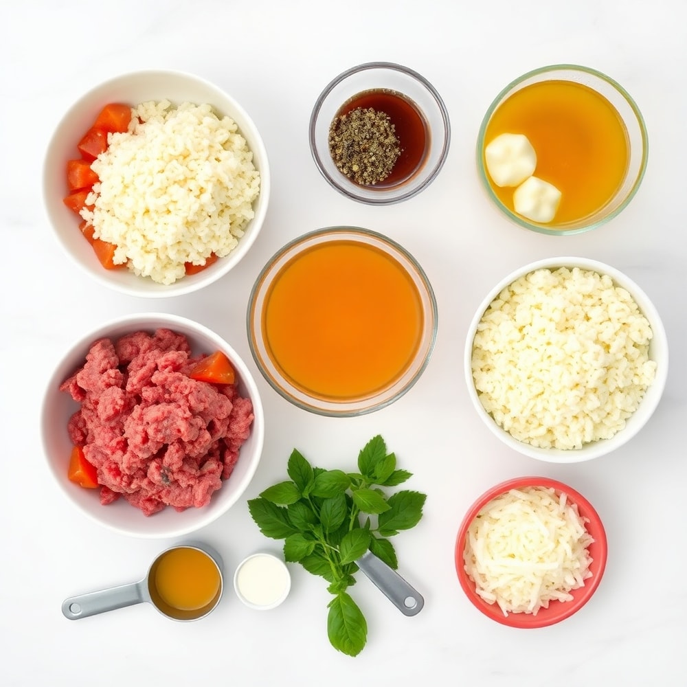 Overhead flat lay of paleo pizza soup ingredients, including ground beef, diced tomatoes, and cauliflower rice