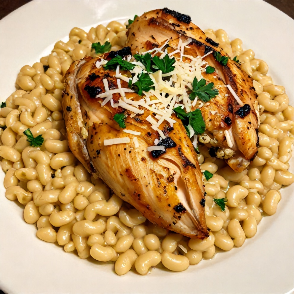Finished Slow Cooker Parmesan Herb Chicken with Creamy Orzo