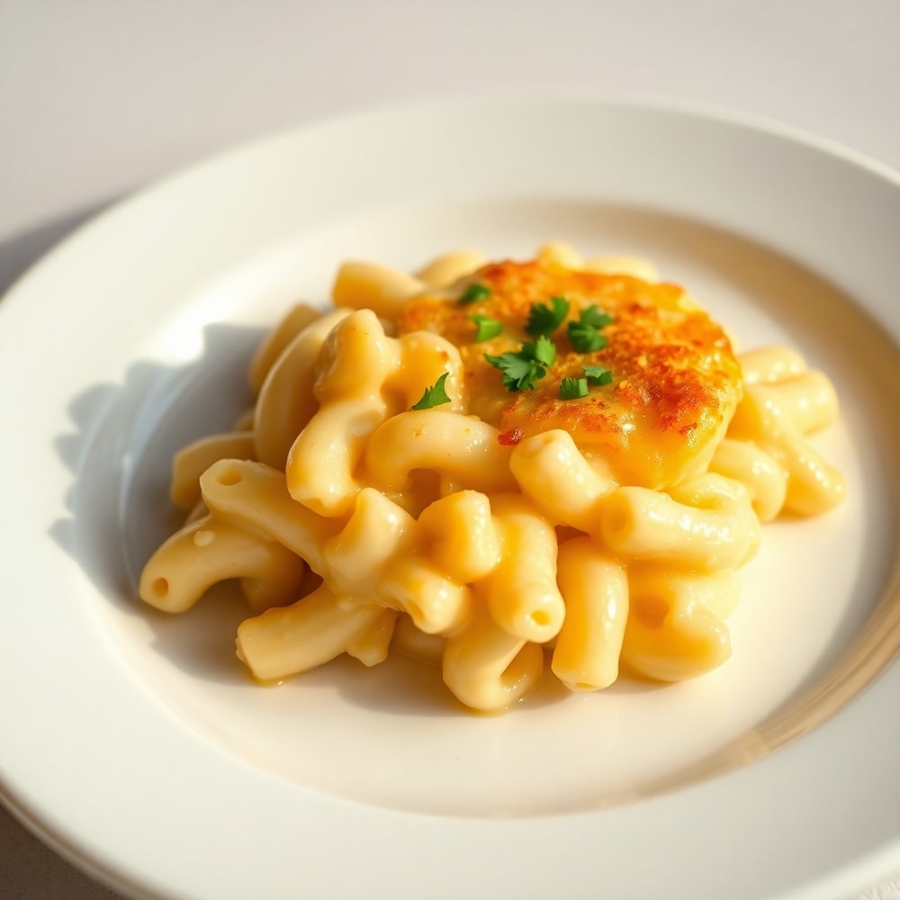 A serving of creamy baked macaroni and cheese on a plate