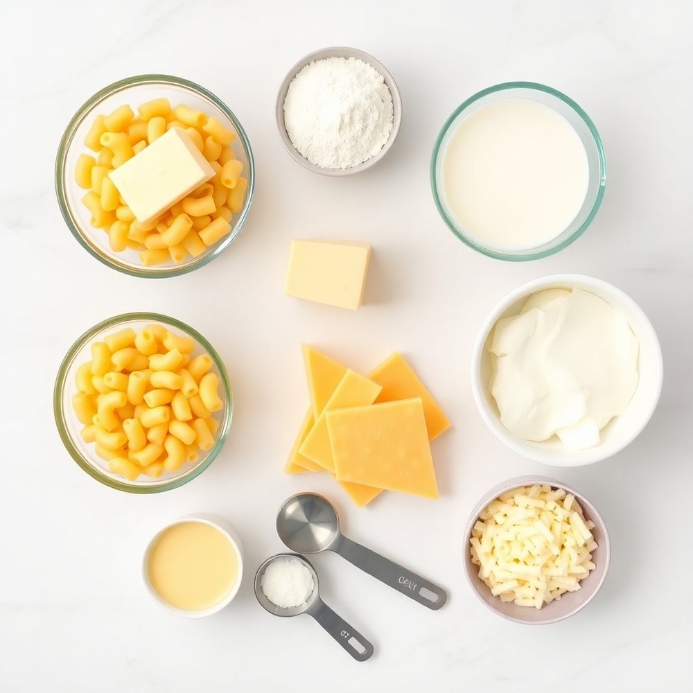 Raw ingredients for creamy baked macaroni and cheese on a marble surface