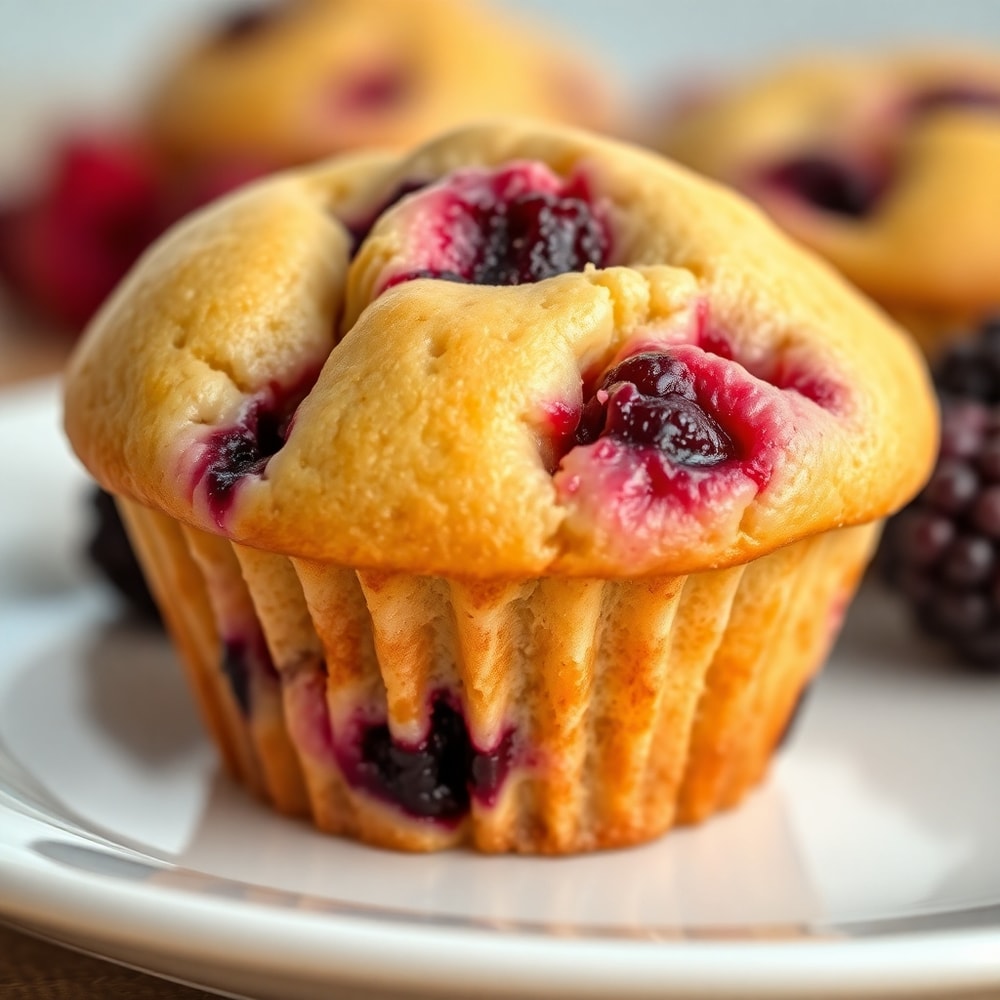 A close-up of a creamy berry muffin with a crispy top and a creamy berry swirl