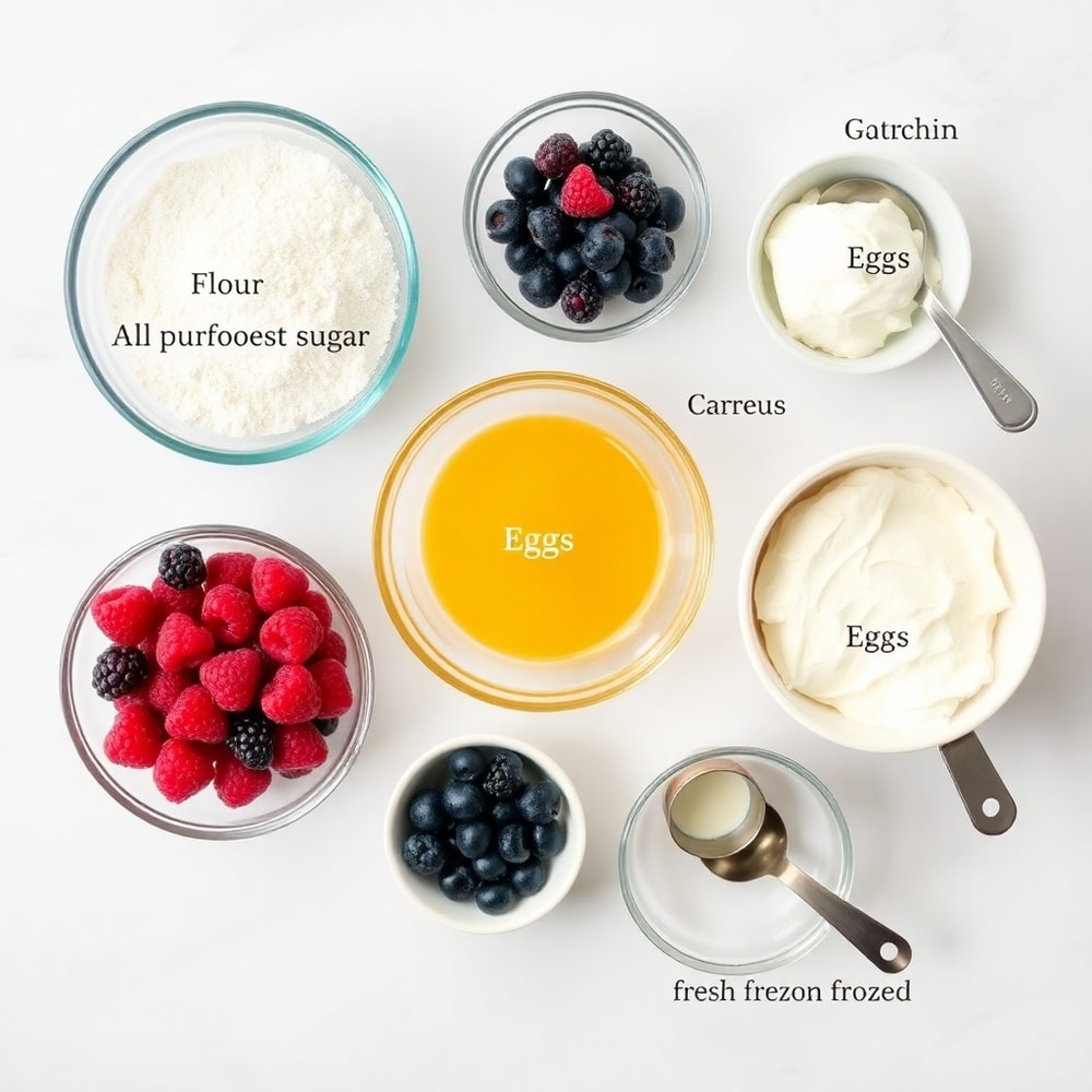 Raw ingredients for creamy berry muffins including flour, sugar, eggs, cream cheese, and mixed berries