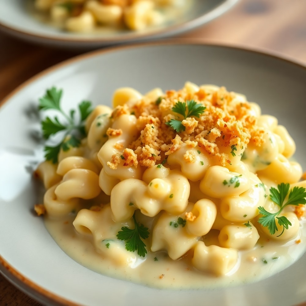Plated creamy blue cheese mac and cheese with crispy topping