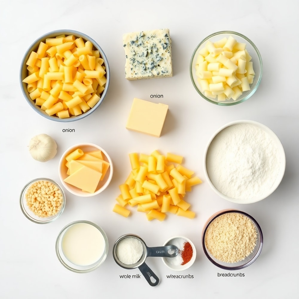 Raw ingredients for creamy blue cheese mac and cheese