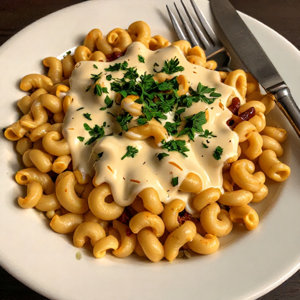 A perfect plated serving of Cheddar Bacon Ranch Tortellini Salad on a white plate, garnished with fresh parsley, with warm side lighting highlighting the creamy dressing