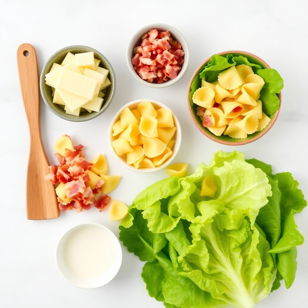 Raw ingredients for Cheddar Bacon Ranch Tortellini Salad arranged in an overhead flat lay, including cheese, bacon, tortellini, lettuce, and ranch dressing