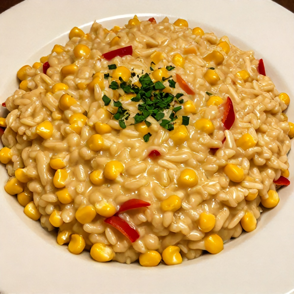 Plated Creamy Corn and Red Pepper Risotto with a sprinkle of parsley