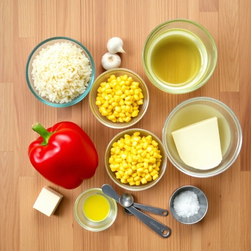 Raw ingredients for Creamy Corn and Red Pepper Risotto on a wooden surface
