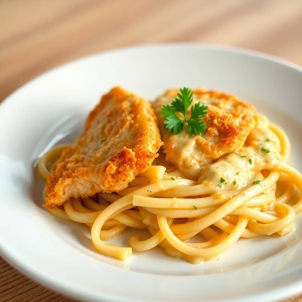 Plated Creamy Crack Chicken Pasta with parsley garnish