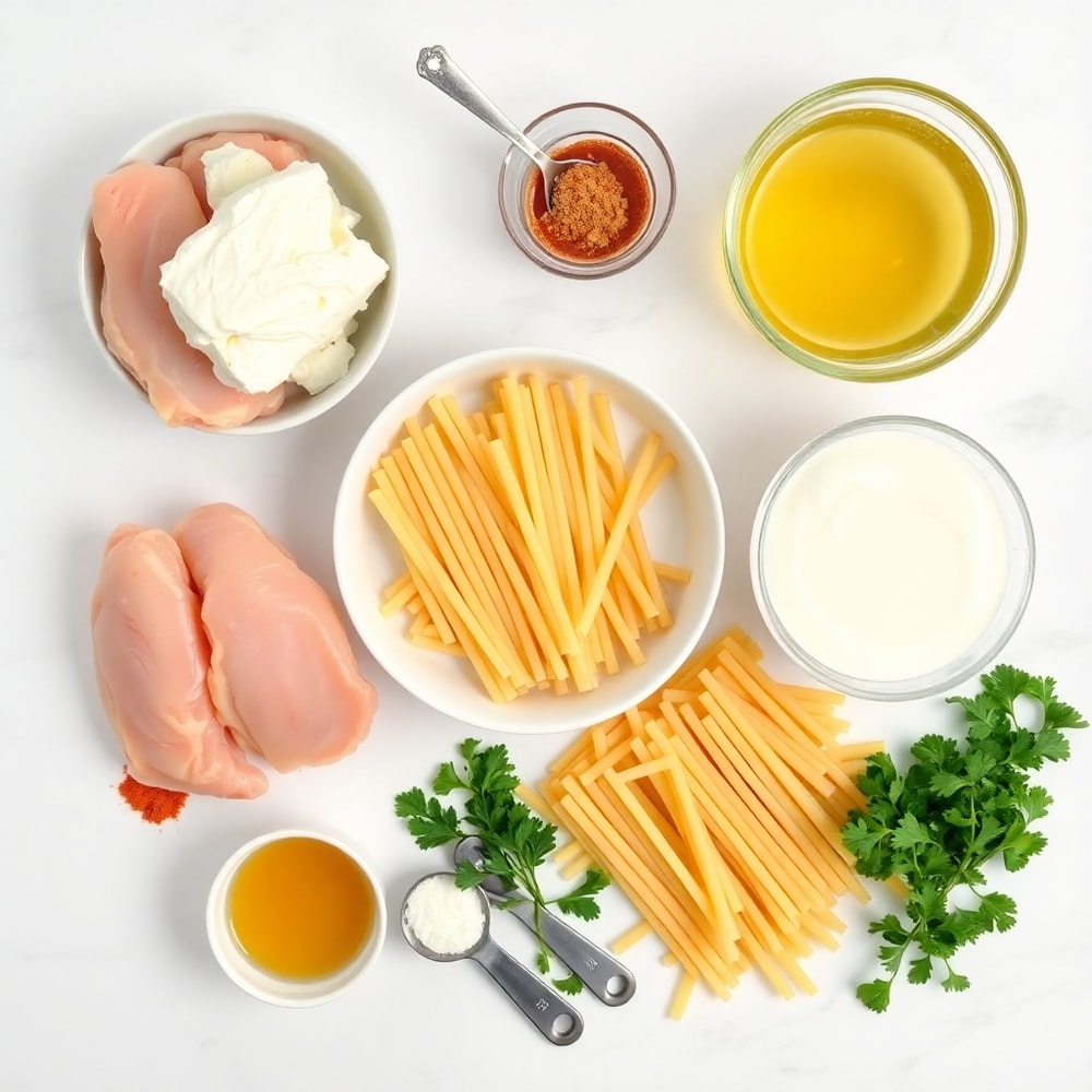 Raw ingredients for Creamy Crack Chicken Pasta