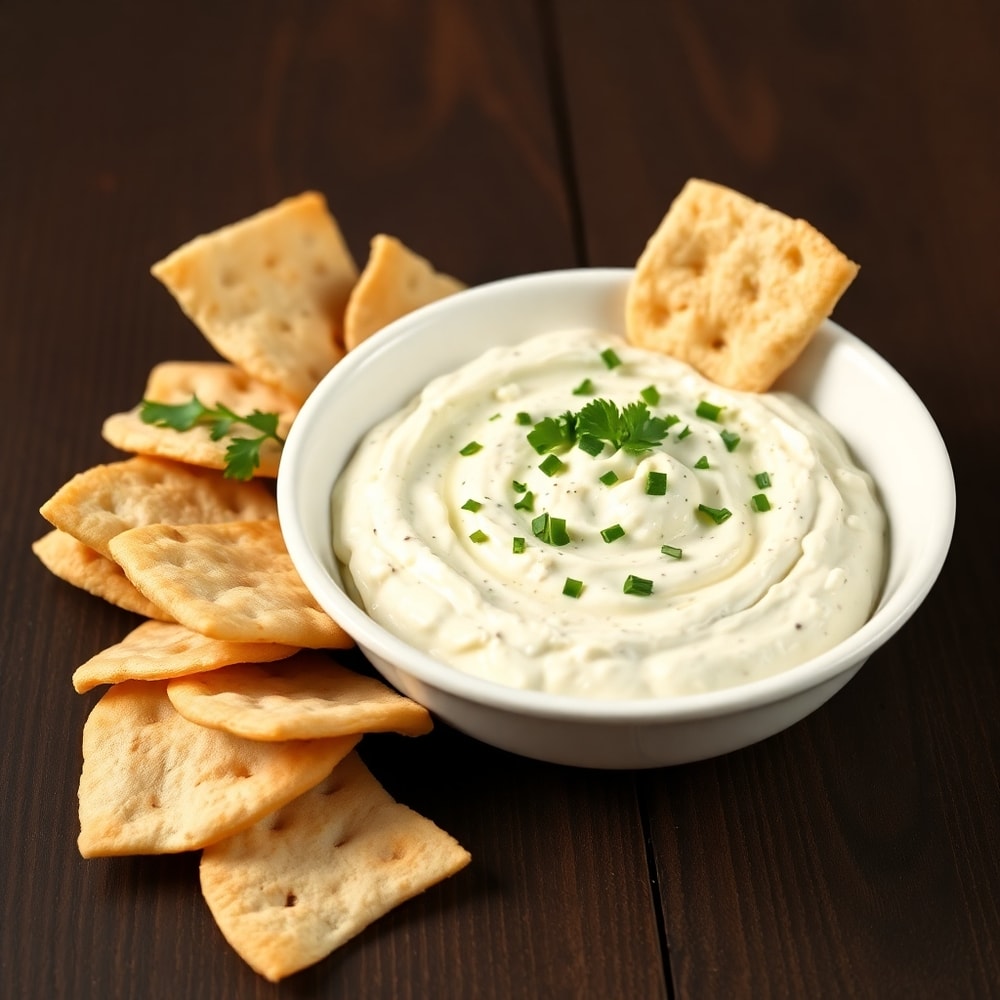 Plated serving of creamy feta cheese dip with pita chips
