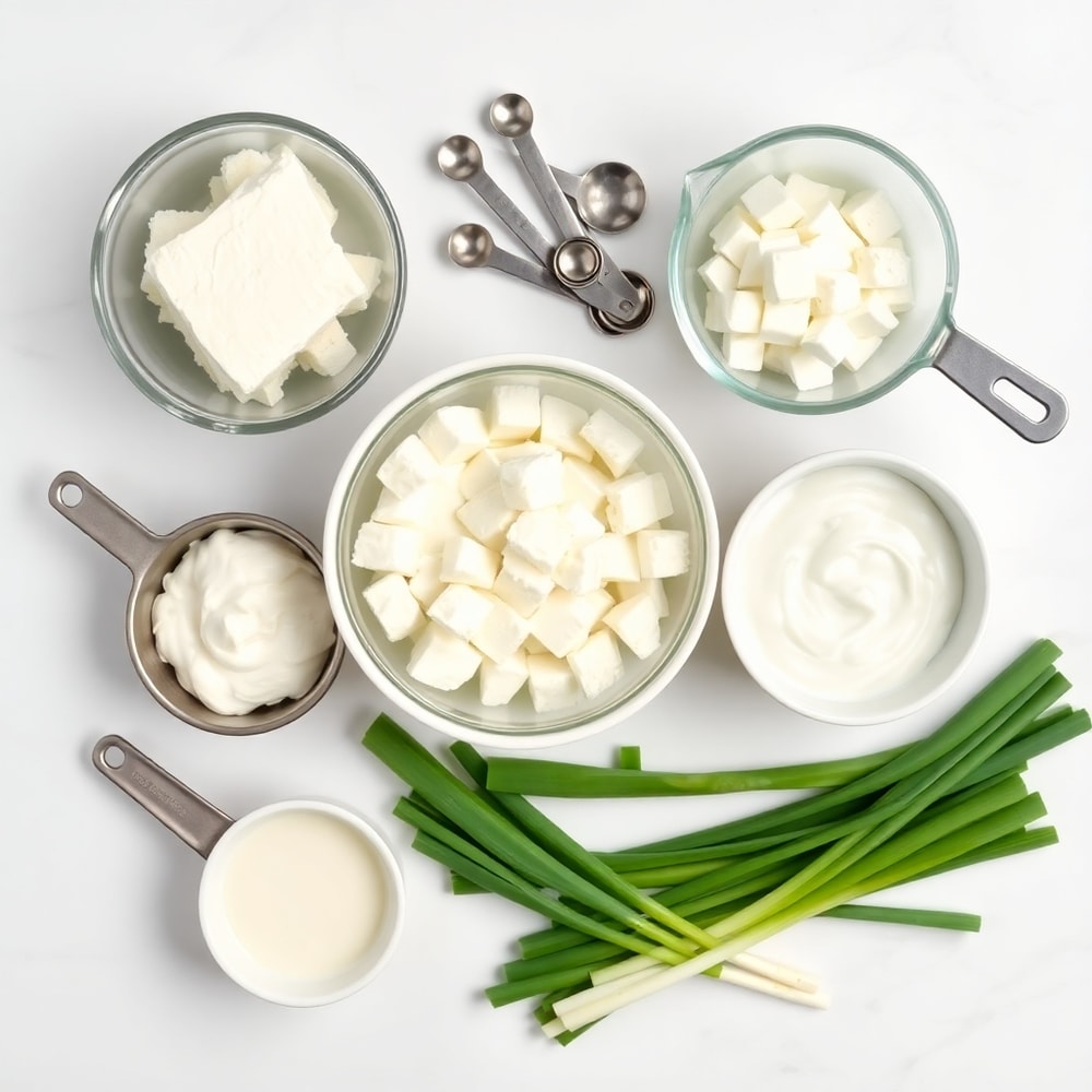 Raw ingredients for creamy feta cheese dip arranged in a flat lay