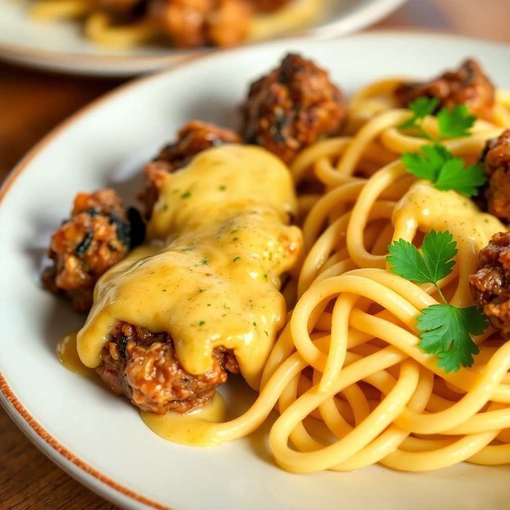 Plated Creamy Garlic Butter Steak Bites with Spicy Cajun Alfredo Twisted Pasta