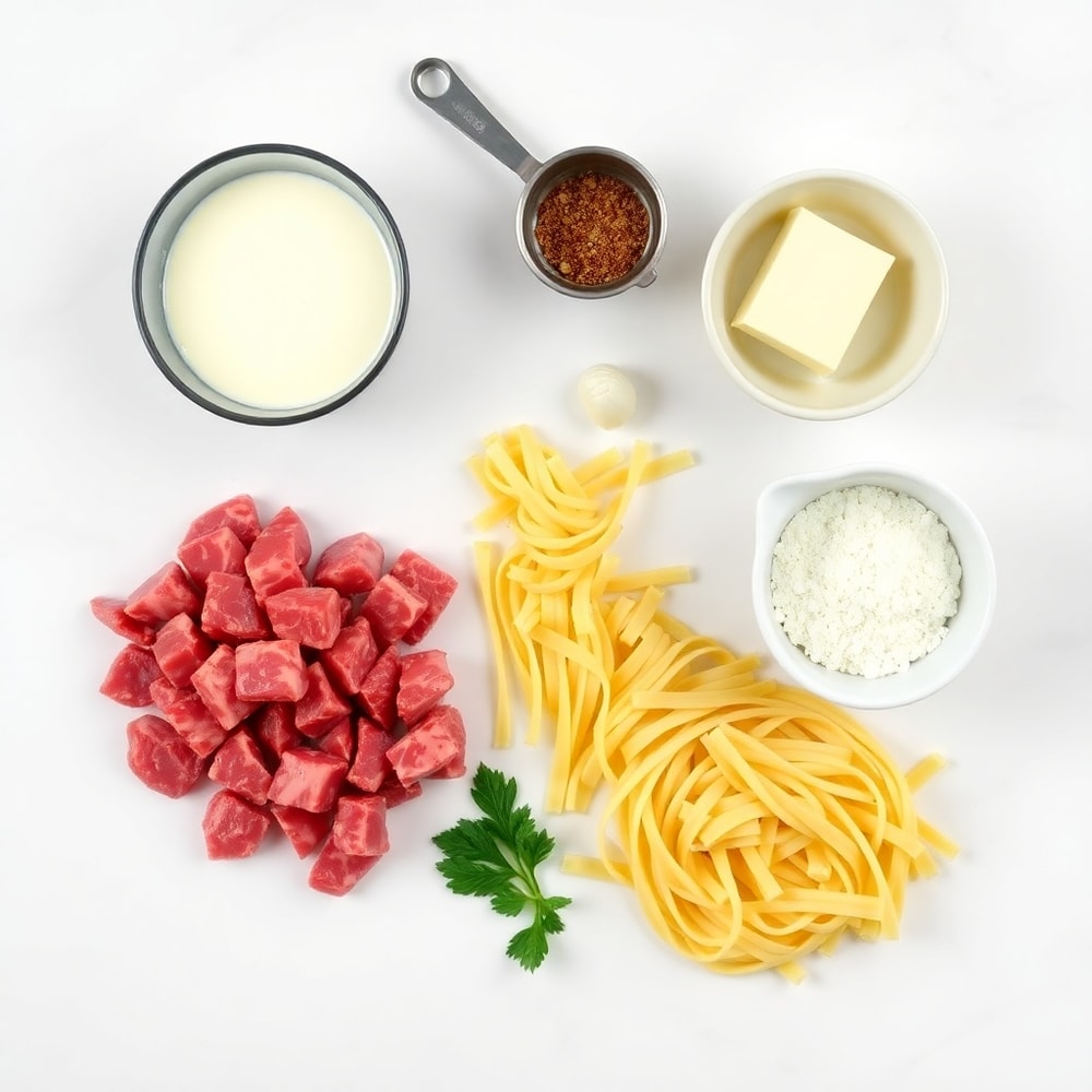 Raw ingredients for Creamy Garlic Butter Steak Bites with Spicy Cajun Alfredo Twisted Pasta
