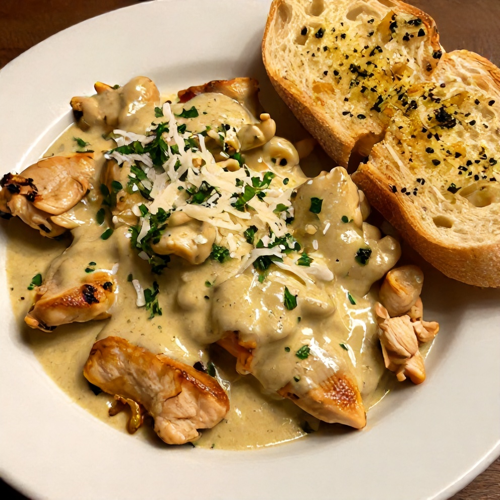 Plated creamy garlic chicken thighs with garlic bread