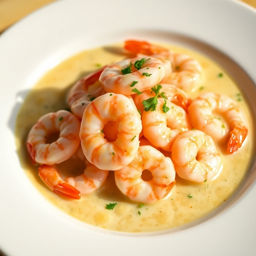 Plated creamy garlic shrimp with parsley garnish