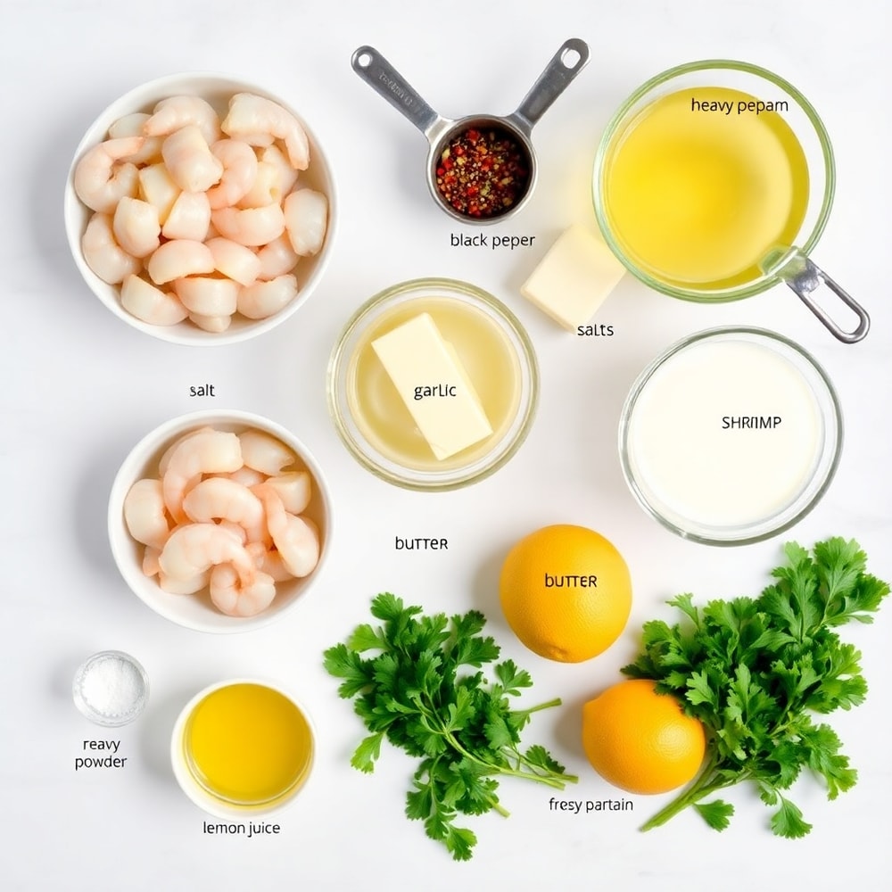 Raw ingredients for creamy garlic shrimp