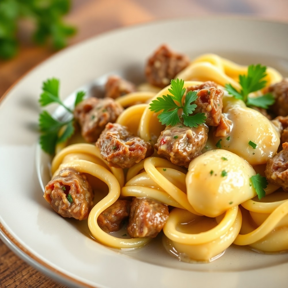 Plated creamy garlic steak tortellini with parsley garnish