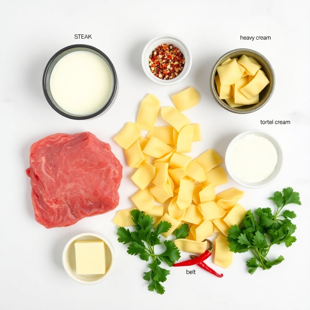 Raw ingredients for creamy garlic steak tortellini