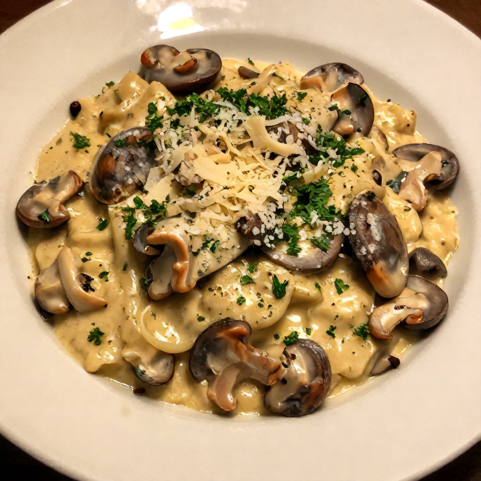 Plated creamy Italian mushroom carbonara with fresh parsley and Parmesan shavings