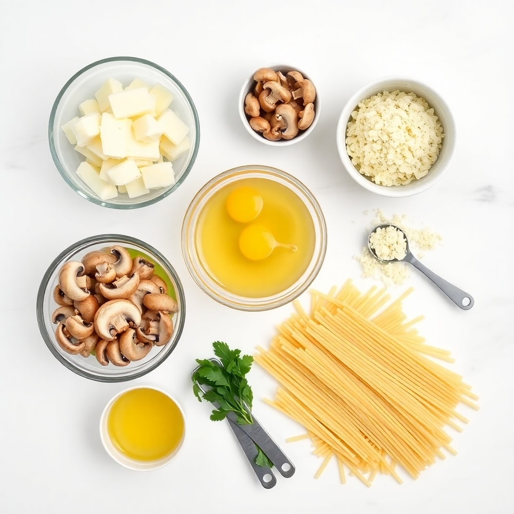 Raw ingredients for creamy Italian mushroom carbonara: garlic, mushrooms, Parmesan, eggs, pasta