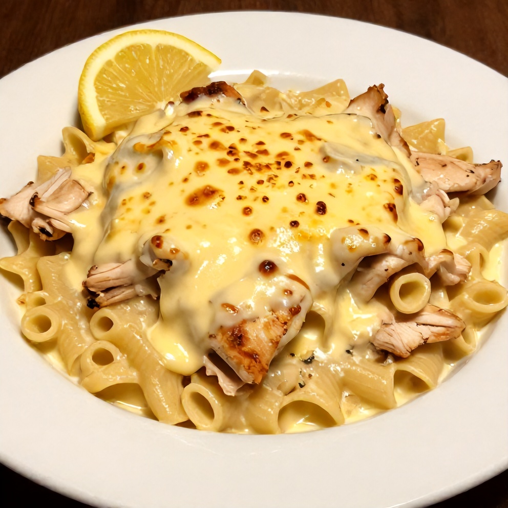 Plated creamy lemon chicken pasta bake with a lemon wedge garnish